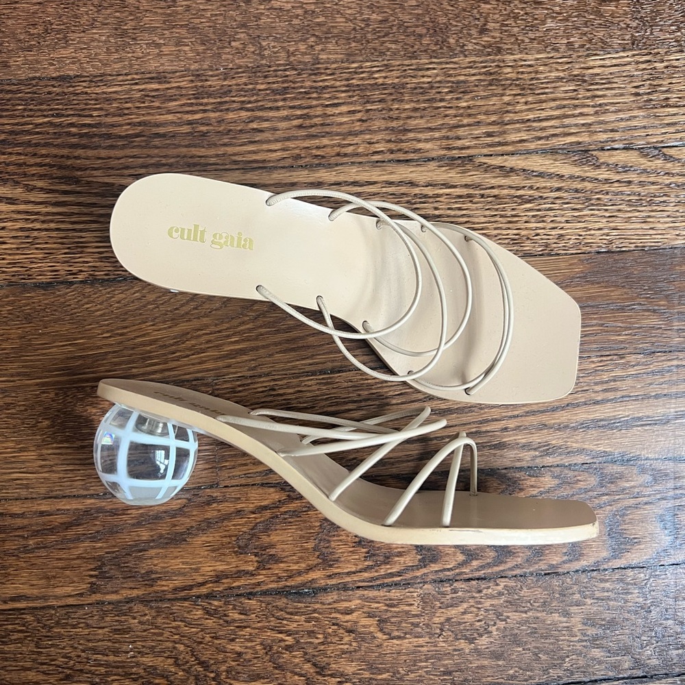 Cult Gaia Tan Cassie Strappy Heels with Kitten Heel